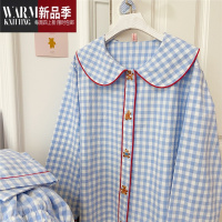 SHANCHAO小可爱刺绣泰迪熊睡衣蓝色格纹水洗棉女士家居服套装
