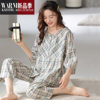 SHANCHAO睡衣女梭织薄款半袖格子家居服中年女士夏季纱布套装