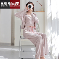 SHANCHAO2023新款性感带胸垫长袖睡衣女款吊带文胸一体家居服三件套装