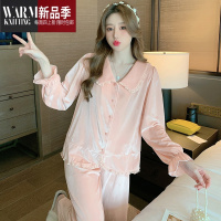 SHANCHAO小红书推荐睡衣女金丝绒长袖开衫翻领套装粉色可外穿家居服