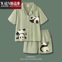 SHANCHAO情侣睡衣女夏天透气短袖短裤套装新款熊猫薄款大码男士家居服