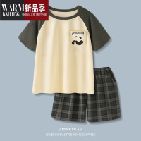 SHANCHAO情侣睡衣女夏柔软短袖家居服宽松大码格子短裤男士睡衣套装