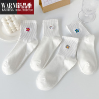 SHANCHAO4双白色袜子女中筒夏季薄款小花可爱日系ins潮jk学生短袜