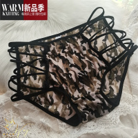 SHANCHAO迷彩豹纹系性感交叉侧镂空三角裤网纱弹力中腰女式魅惑包臀内裤头