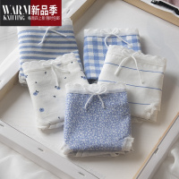 SHANCHAO5条内裤女浅蓝日系少女生碎花格子透气大码中腰三角