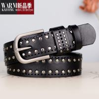 SHANCHAO皮带女士头层铆钉青年牛仔裤带休闲复古潮流针扣黑色腰带