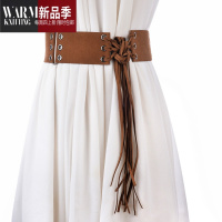SHANCHAO时尚百搭女士宽腰封 配风衣皮草长流苏装饰打结腰带 朋克风复古女