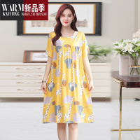 SHANCHAO睡裙女夏季短袖薄款绵绸连衣裙人造圆领印花中长裙子家居服