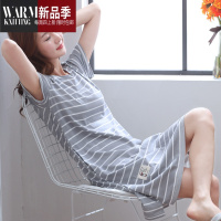 SHANCHAO夏天短袖睡裙女夏季宽松中长连衣裙家居服睡衣条纹加大码