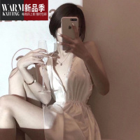 SHANCHAO夏季纯欲风奶油木耳边睡裙V领吊带丝滑法式美背绑带性感睡裙