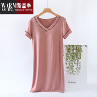 SHANCHAO带胸垫睡裙女夏薄款免文胸睡衣莫代尔冰丝宽松大码短袖V领家居服