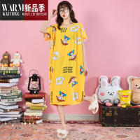 SHANCHAO韩版加长款棉绸睡裙卡通可爱薄款短袖加大码睡衣夏季人造棉居家服