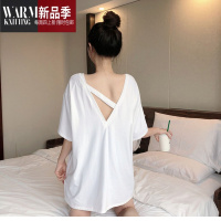 SHANCHAO矮个子宽松T恤睡裙女夏薄款性感美露背睡衣小个子短袖家居服