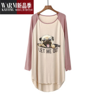 SHANCHAO睡裙女 莫代尔长袖薄款宽松大码T恤上衣中长款印花连衣裙睡衣