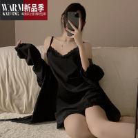SHANCHAO夏天睡衣女夏款冰2023年新款性感黑色睡袍吊带睡裙短裤四件套
