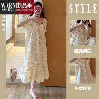 SHANCHAO甜美樱桃印花睡衣女夏款大码薄款棉纱睡裙短袖花边连衣裙纯欲长裙