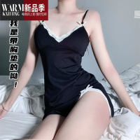SHANCHAO性感睡衣女款夏季带胸垫小胸聚拢黑色蕾丝包臀纯欲风吊带睡裙