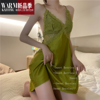 SHANCHAO甜莓/by温柔刀 有胸垫深v蕾丝吊带连衣裙美背冰丝女性感睡裙夏