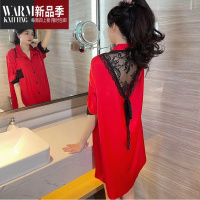 SHANCHAO睡裙女夏季2023年冰丝睡裙红色网红高级感性感蕾丝睡衣裙家居