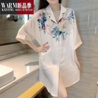SHANCHAO冰雪丝牡丹花睡裙女款网红2023年新款短袖薄凉感性感衬衫睡衣