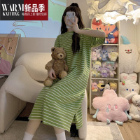 SHANCHAO2023年新款睡裙女夏季中长款连衣裙宽松油果绿条纹睡衣家居服