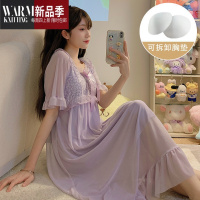 SHANCHAO带胸垫睡裙女夏季薄款莫代尔家居服甜美公主宫廷风网纱可外穿睡衣