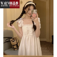 SHANCHAO白色带胸垫甜美荷叶边法式方领吊带睡裙睡衣女夏季家居服外穿