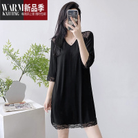 SHANCHAO七分袖带胸垫睡裙女莫代尔睡衣性感蕾丝舒适免穿文胸一体家居服