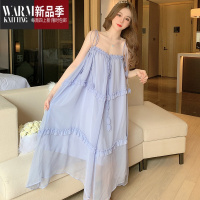 SHANCHAOins度假风木耳边长款吊带睡裙女夏季薄款可外穿雪纺蛋糕裙连衣裙