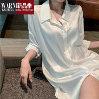 SHANCHAO2023睡裙女冰丝性感薄款男友风白衬衫网红中长款睡衣