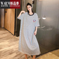 SHANCHAO慵懒大码加长款睡裙夏季短袖加肥加大家居服简约条纹孕妇睡裙