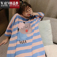 SHANCHAO条纹卡通动物睡裙女夏季短袖网红可爱家居服宽松长款孕妇睡衣