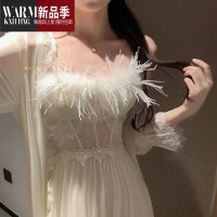 SHANCHAO[完美无瑕]晨袍女新娘结婚羽毛性感吊带睡裙长款冰丝睡衣高级感