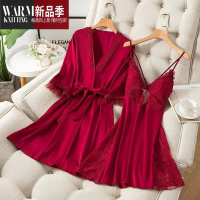 SHANCHAO伊梦性感睡衣女夏冰丝薄款吊带镂空蕾丝睡裙女纯色睡袍家居服