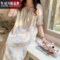 SHANCHAO韩版简约蕾丝系带条纹纱布睡裙女夏季短袖睡衣家居服可外穿天