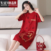 SHANCHAO睡裙女夏季卡通睡衣短袖中长款本命年家居服红2023年新款