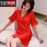 SHANCHAO2023新款夏季睡衣女性感蕾薄款冰丝短袖妈妈大码气质睡裙