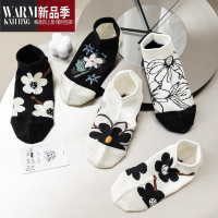 SHANCHAO五双袜子女小花船袜潮ins棉袜韩花朵黑白色短袜可爱日系卡通