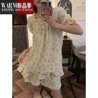 SHANCHAO韩版卡通小动物麻睡裙夏季女甜美短袖短裤方领睡衣家居服套装