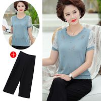 妈妈夏装短袖针织小衫两件套装40岁50中年女气质宽松冰丝T恤上衣 广赫