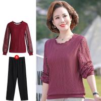 妈妈款春装长袖T恤洋气40岁50中年人妇女打底衫春秋蕾丝上衣套装 广赫