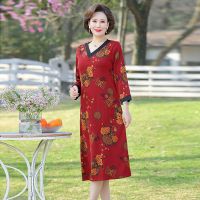 妈妈装长袖连衣裙洋气妇女长裙中老年女装春装裙子中长款遮肚显瘦 广赫