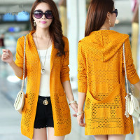 春秋装新品女针织开衫中长款纯色毛衣女装大码镂空连帽薄披肩外套 广赫
