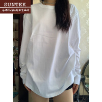 SUNTEK韩版简约白色长袖t恤女装2023新款设计感宽松圆领打底上衣ins