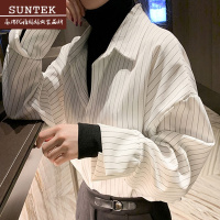 SUNTEK条纹衬衫女装春季新款盐系穿搭假两件上衣叠穿内搭打底白衬衣