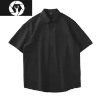 HongZun美式短袖衬衫男夏季纯色翻领口袋休闲寸衫白色衬衣