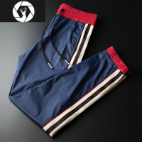 HongZun欧洲站蓝色运动裤子男夏季薄款2022新款潮流束脚条纹直筒休闲长裤