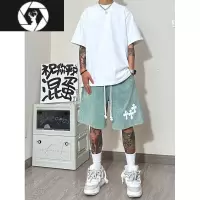 HongZun绿色水洗马裤休闲短裤男oversize高街潮牌运动5分裤子夏季