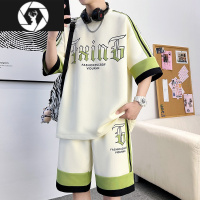 HongZun男生酷帅短袖t恤穿搭一整套夏季套装休闲运动华夫格男装搭配帅气