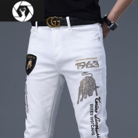 HongZun欧洲站夏季薄款白色牛仔裤男潮流新款金牛烫钻刺绣修身小脚长裤男